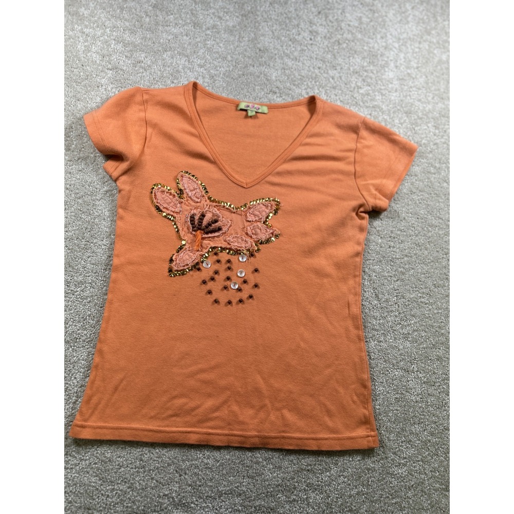 Girl Talk Shirt Womens Medium Orange V Neck Sequin Beaded Floral Embroidered Tee